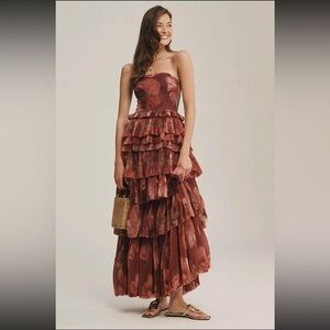 Anthropologie Hutch Nalina Strapless Floral Tiered Tulle Maxi Dress Size 16